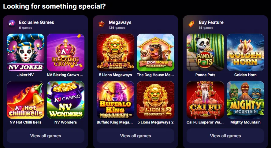 NV Casino game library categories and featured slot thumbnails